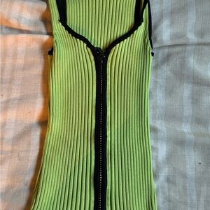 2000s vintage Ribbed Lime Green Diamond Zip-Front Tank with Black Trim